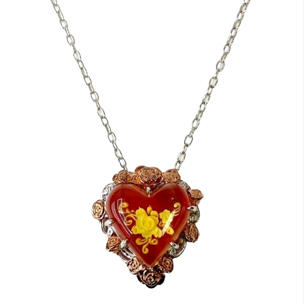 Gems En Vogue Amber Heart 18K Rose Gold Palladium Sterling Silver Necklace! - Picture 2 of 7